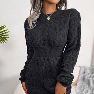 Cable-Knit Round Neck Mini Wrap Sweater Dress